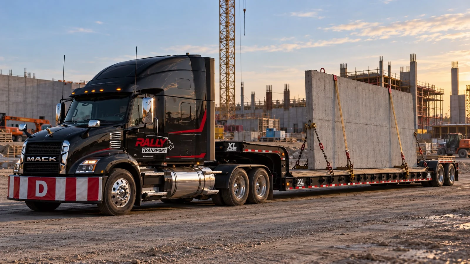 Rally-branded Mack truck transporting a large precast concrete panel at a construction site