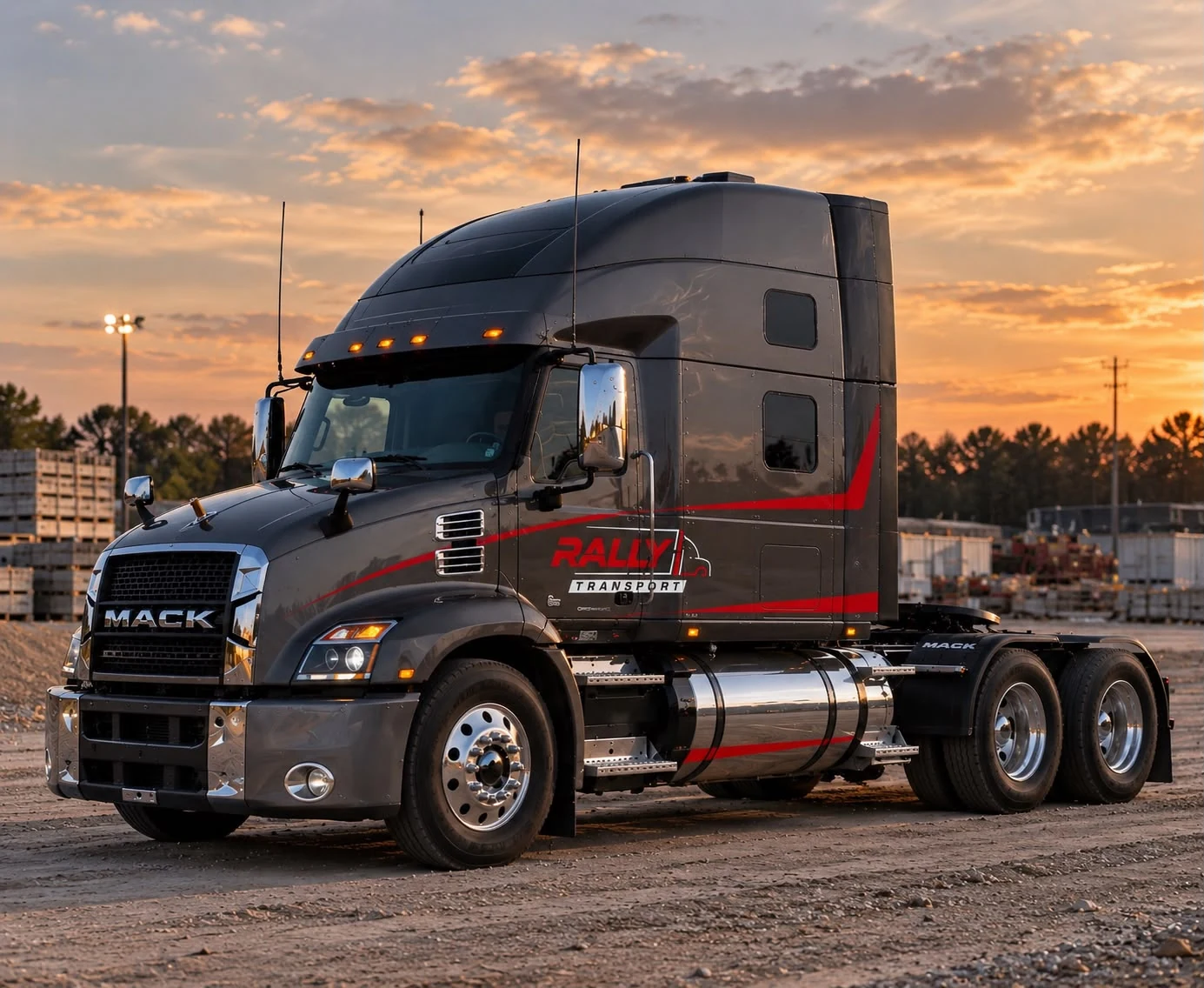 Rally-branded Mack power unit parked at sunset
