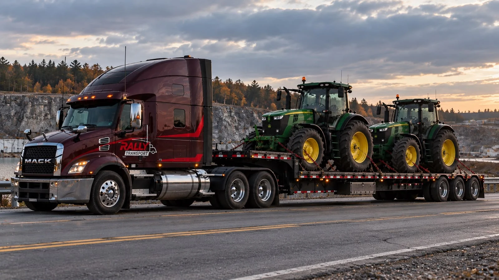 Rally-branded Mack truck transporting two tractors on a stepdeck trailer