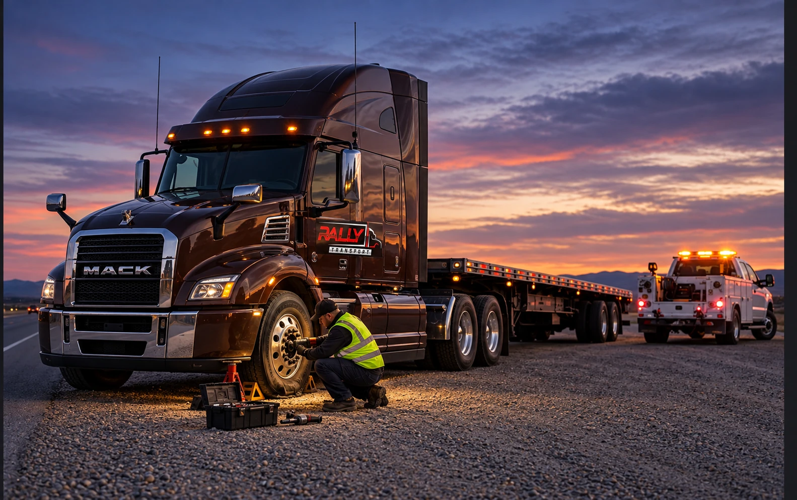 Technician repairing a flat tire on a Rally-branded bronze Mack truck at dusk beside a roadside service pickup