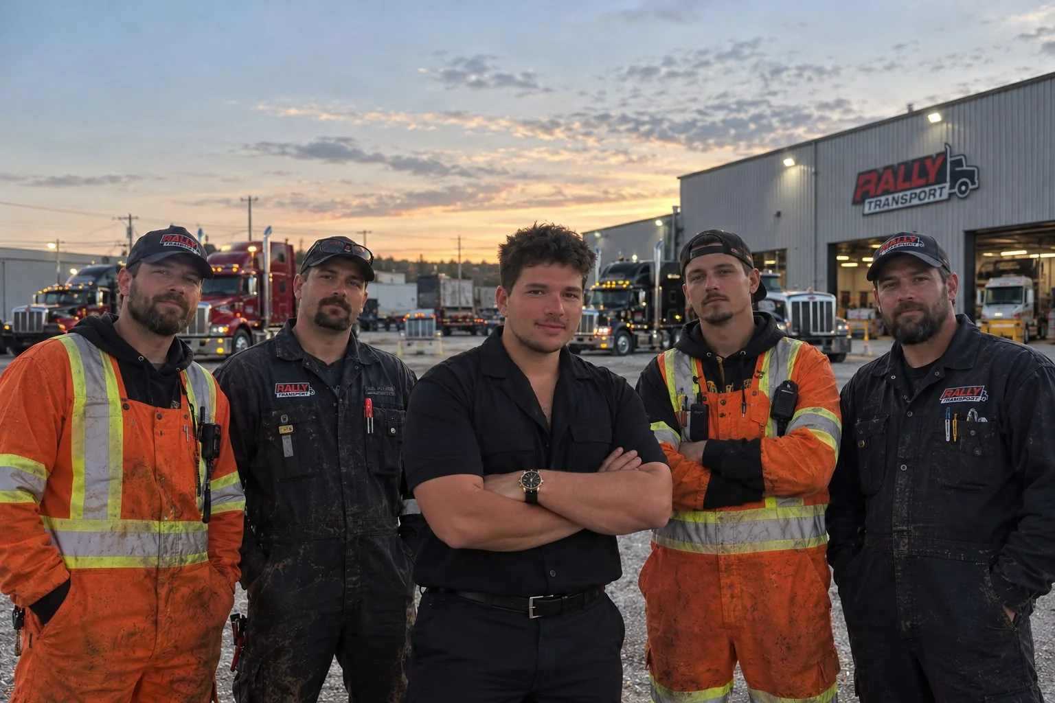 Five Rally team members outside the Rally Transport facility with trucks in the background